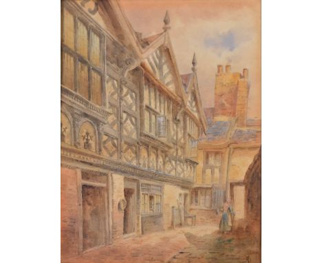 UNATTRIBUTED; a 19th century watercolour depicting a street scene with female figure entering an alleyway, monogram lower-rig