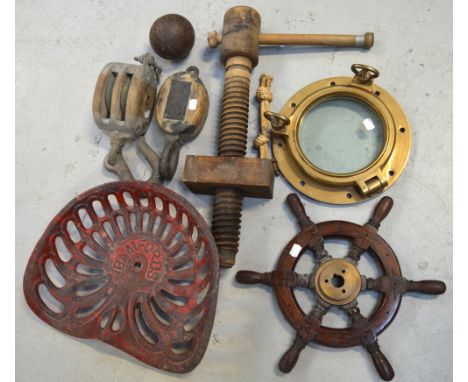 A collector's lot comprising small mahogany and brass mounted oak ship's wheel, diameter 41cm, a brass porthole, diameter 30c
