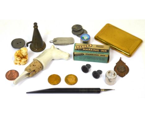 A collector's lot to include various coins, a compact, a stamp set with marking ink, a ceramic bottle stopper in the form of 