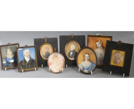 A group of eight 19th century portrait miniatures on ivory, the Raynesford family and other, largest 12.5 x 9.5cm