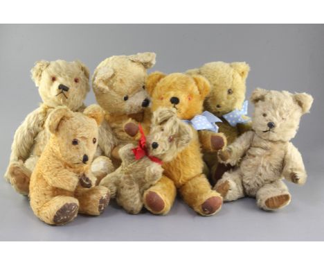 Seven bears, Chiltern 1960's, Farnell hair loss 1930's, three others, tallest 15in.
