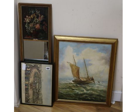 An oil on canvas by T. Westcott of a fisherman on a boat, 49.5 x 40cm, a map of North Europe by Isaac Tirion, dated 1757, 30.