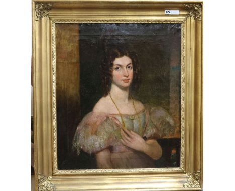 Regency School, c.1812, oil on canvas, Portrait of a lady in an interior, the canvas with retailers label T. Brown, High Holb
