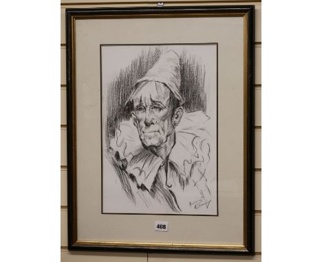 Franco Mattiana, charcoal, Portrait of a clown, signed, 40 x 28cm