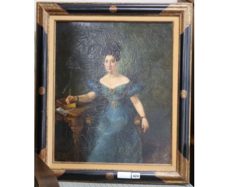 19th century French School, oil on canvas, Three quarter length portrait of a lady seated at a table, unsigned, 55 x 46cm