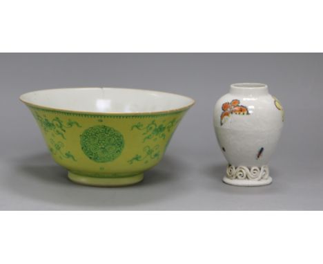 A Chinese yellow ground bowl, Qianlong mark and a Qianlong bianco sopra bianco 'insect' tea caddy Height of vase 10cm