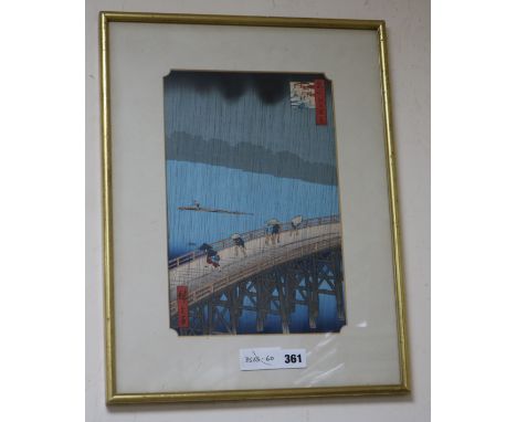 Hiroshige, woodblock print, Figures on a bridge in the rain, 33 x 22cm