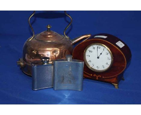 EDWARDIAN INLAID MANTEL CLOCK
together with three hip flasks, snuff box modelled as a shoe, nutcracker, etc 