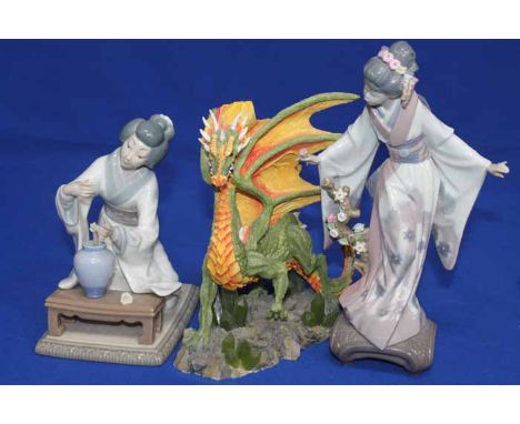 TWO LLADRO FIGURES OF GEISHA
along with a composition figure of a dragon (3)