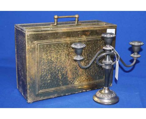 BRASS MAGAZINE RACK, FIRE COMPANION, PLATED CANDELABRUM AND A VINTAGE LIGHT METER 