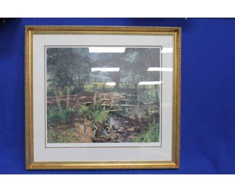 * JAMES MCINTOSH PATRICK LLD RSA ROI ARE (SCOTTISH 1907 - 1998), 
BRIDGE OVER A STREAM 
colour print, signed in pencil, stamp