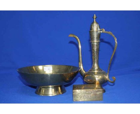 PERSIAN BRASS EWER
together with a brass bowl, a small brass hinged casket and a brass pipe 