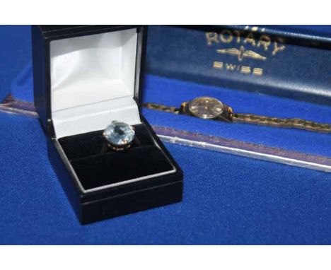 GOLD AQUAMARINE DRESS RING
marked 9ct; together with a lady's gold plated Rotary cocktail watch (2)