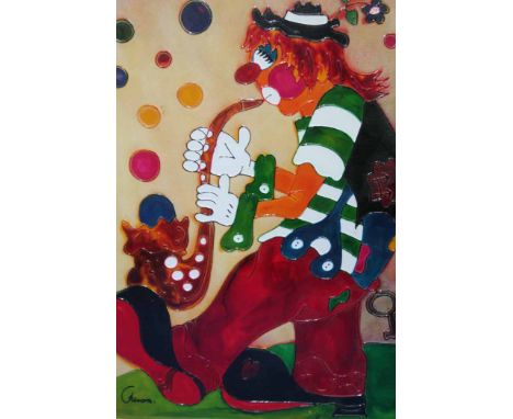 FRAMED ACRYLIC PICTURE OF A CLOWN PLAYING A SAXOPHONE 