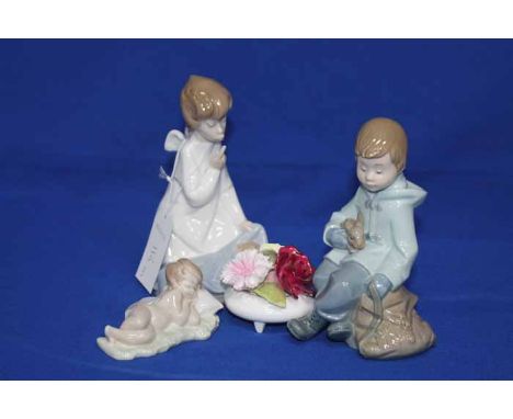 LLADRO ANGEL AND CHILD, NAO BOY WITH BUNNY, LLADRO CHERUB AND A COALPORT FLORAL POSY (4) 