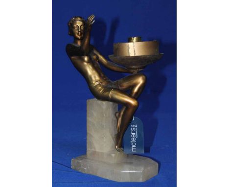 ART DECO SPELTER TABLE LAMP OF A FEMALE
the seated female with arm holding the lamp section, on onyx base, 27cm high 