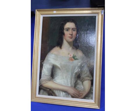 MID-19TH CENTURY BRITISH SCHOOL,
PORTRAIT OF A GENTLEWOMAN
oil on board
77cm x 53cm
Framed 