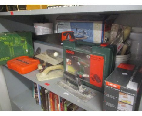 A mixed lot of mainly tools to include a Draper Mitre saw, Bosch drill, car polisher, and other itemsLocation: 