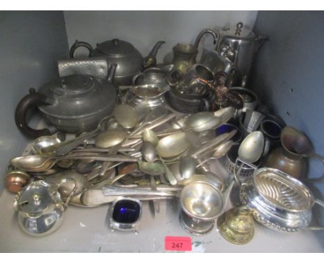 Silver plate, pewter and metal ware to include flatware, teaware, sauce ladle and other itemsLocation: 