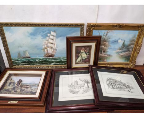 Pictures to include a seascape and a river scene, oil on canvas, a set of four prints and two 3D style printsLocation: G 