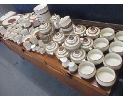 A 1970's Denby stoneware cream and brown part dinner, tea and coffee service, at least 6 settingLocation: stairs 