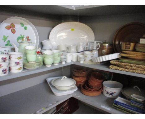Kitchenware to include terracotta pottery dishes, tablemats, white ground china, a part Grafton teaset and Royal Worcester Ev