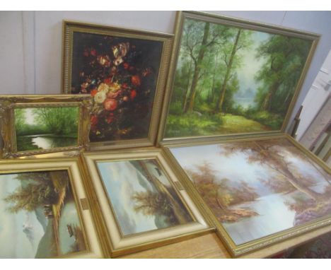Pictures to include Orig Fischer - a pair of lake scenes, two rural scenes and a river scene, oils and an oleograph, framedLo