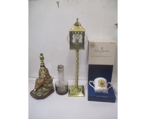A Royal Worcester Royal Marriage loving cup, a Satsuma figure lamp, a brass lamp in the form of a street light and a brown gl