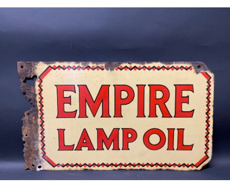 An Empire Lamp Oil double sided enamel sign with flattened hanging flange, 26 x 15".