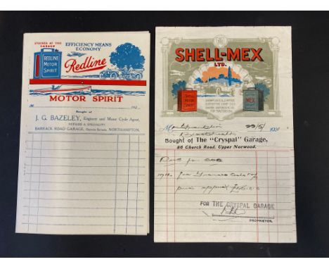 A Shell-Mex Ltd bill head dated May 1921, Cyspal Garage Upper Norwood plus a Redline Motor Spirit bill head, unused. 