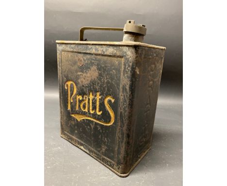 A Pratts two gallon petrol can by Valor dated April 1930 with gilded lettering and attached wooden cap spanner and Pratts cap