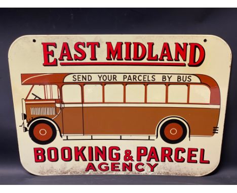 An East Midland Booking and Parcel Agency pictorial double sided enamel sign depicting a vintage bus to both sides, excellent