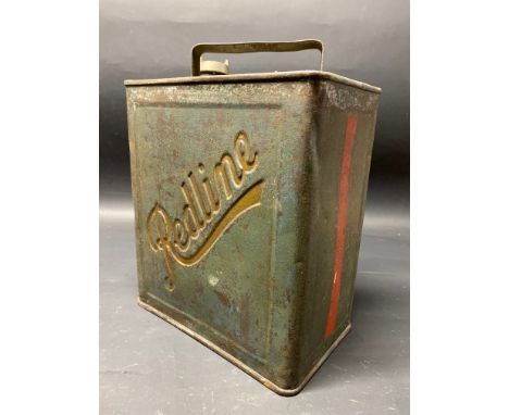 A Redline two gallon petrol can by Valor, dated May 1933 with original blue paint and nickeled National Benzole cap. 