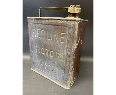 A Redline Motor Spirit two gallon petrol can by Valor, dated April 1926, rarer small lettering, with Redline cap. 