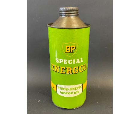 A BP Special Energol cylindrical quart can in good condition, the more unusual lighter green version.