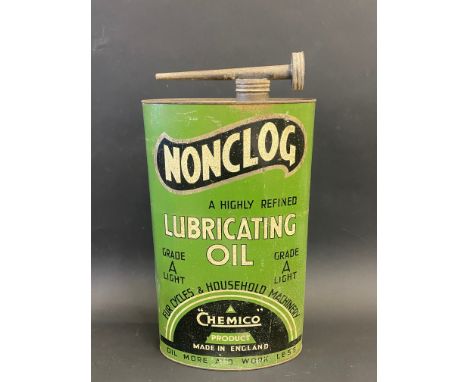 A rare large scale shop advertising tin for Nonclog Lubricating Oil (green to front, pale blue to verso), 18 1/2" high. 