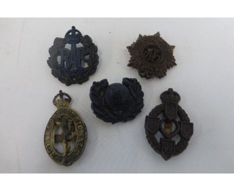 Five WW2 plastic utility badges of the R.A.F., R.E.M.E., Royal Marines, Royal Corps of Signals and the Royal Army Service Cor