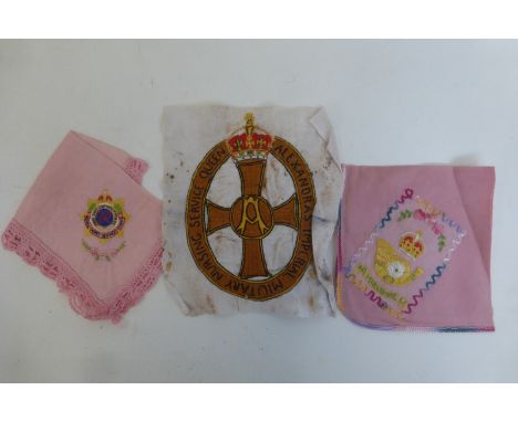 Kings Own Yorkshire Light Infantry and Royal Army Service Corps embroidered handkerchiefs and an embroidered Queen Alexandra'