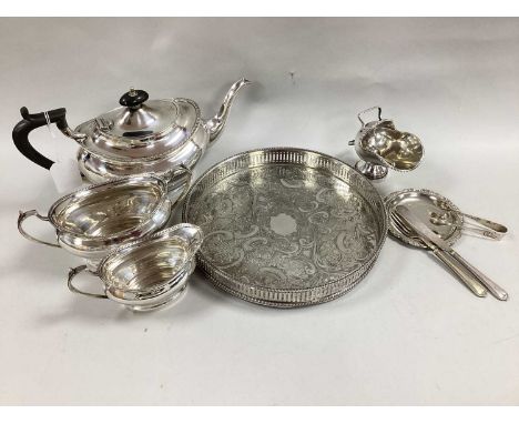 A Pair of Hallmarked Silver Sugar Tongs, with an assortment of silver platedware, including an EPNS three piece teaset compri