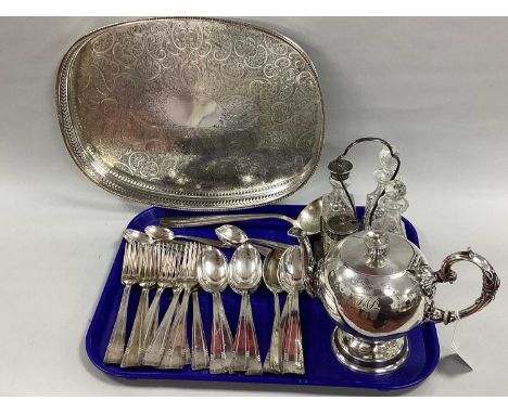 Frionnet François Art Deco Style Part Canteen of Plated Cutlery, together with an antique plated bullet shape teapot, initial