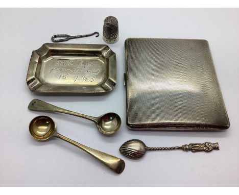 A Small Hallmarked Silver Ashtray, Birmingham 1937, engraved 'with love from Jamie' '15.7.43', a hallmarked silver thimble, t
