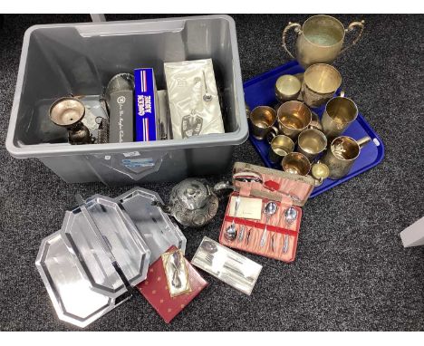 Assorted Platedware, inclduing an Art Deco style engine turned fold away three plate stand, assorted boxed cutlery, tankards,