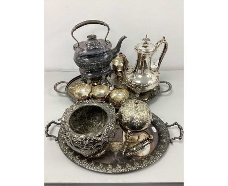 An Assortment of Platedware, to include James Dixon &amp; Sons decorative coffee pot, gadrooned teapot on burner stand with p