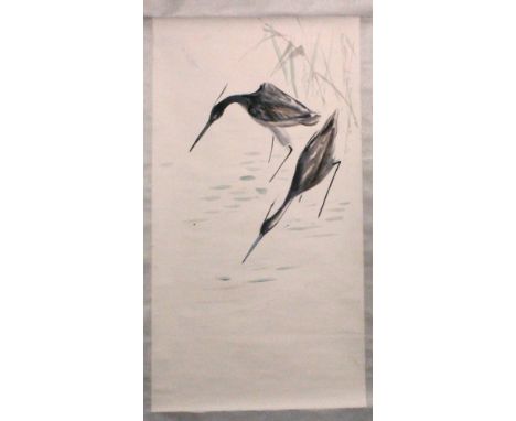 A CHINESE HANGING SCROLL PAINTING ON PAPER, depicting wading herons, the painting itself approx. 32.75in x 17.5in.