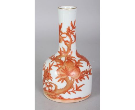 A CHINESE IRON-RED & GILT DECORATED NINE PEACH MALLET-FORM PORCELAIN VASE, the base with a Qianlong seal mark, 3.2in diameter