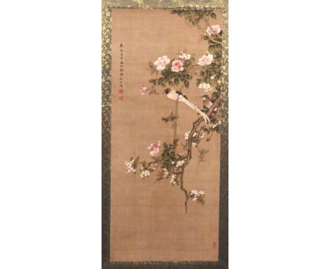 ANOTHER CHINESE HANGING SCROLL PICTURE, depicting two birds perched on a blossoming branch, the picture itself approx. 27.25i