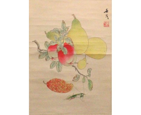 ANOTHER CHINESE HANGING SCROLL PICTURE, depicting an arrangement of fruit, the picture itself approx. 17.5in x 12.5in.