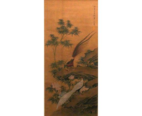 A CHINESE HANGING SCROLL PICTURE, depicting a pair of pheasants on rockwork, the picture itself approx. 40.5in x 18.5in.