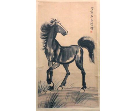 A SIGNED CHINESE HANGING SCROLL PICTURE, depicting a standing horse, the picture itself approx. 38in x 21.25in.