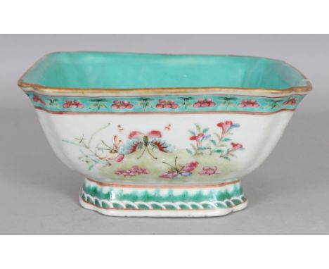 A CHINESE TONGZHI MARK & PERIOD FAMILLE ROSE PORCELAIN BUTTERFLY BOWL, of square section with indented corners, the base with